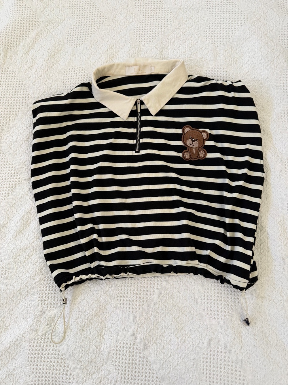 LC Lauren Conrad Black & White Striped Crop Polo with Bear Patch
